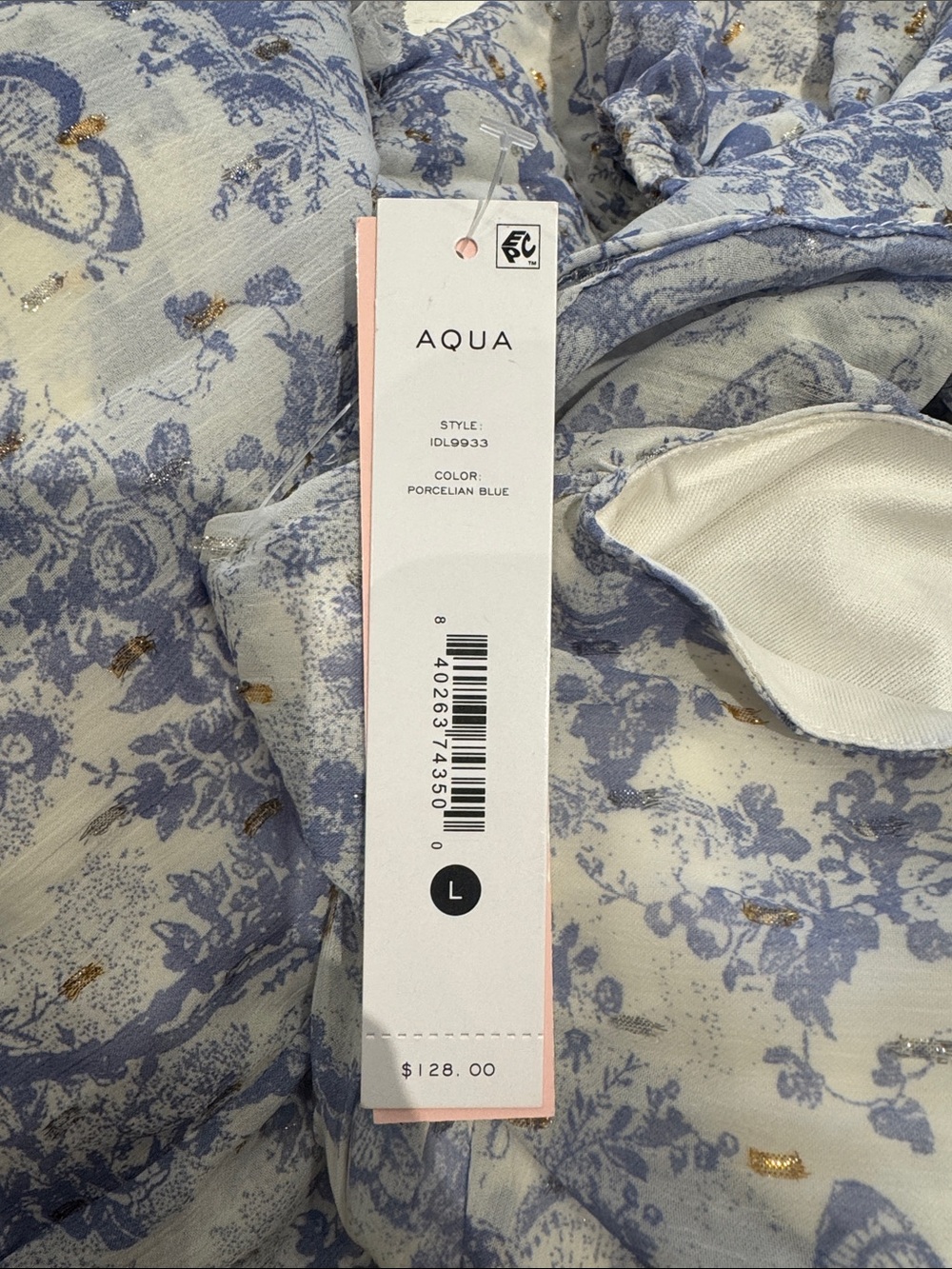 NWT Porcelain Blue and White Floral Ruffle Maxi Dress with Gold Foil Accents - Picture 7 of 7